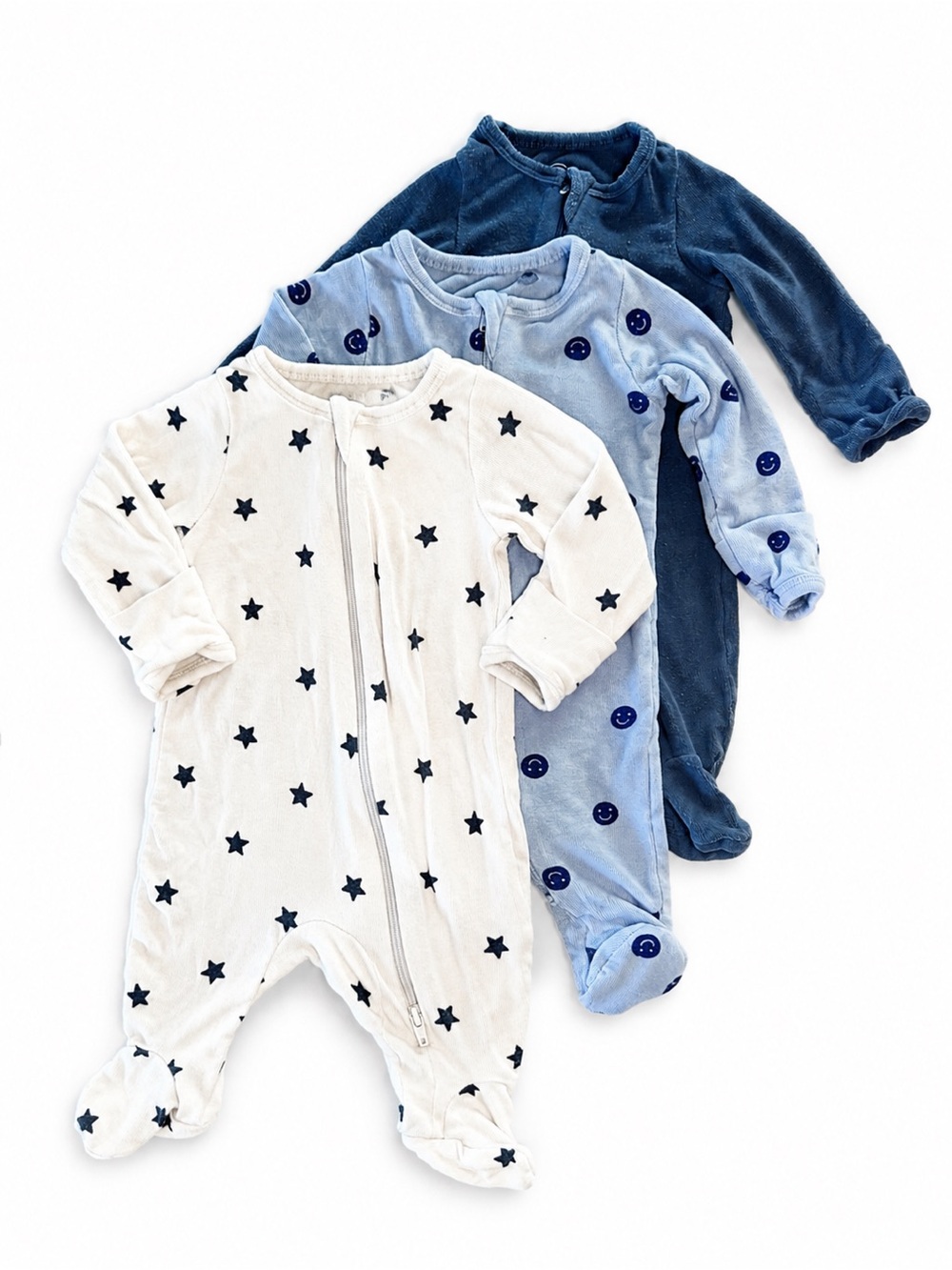 wonder nation Baby Footed One-Pieces 3 pack, Blue and White 2 Way Zipper